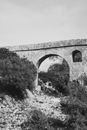 Grayscale Photo of Bridge over River