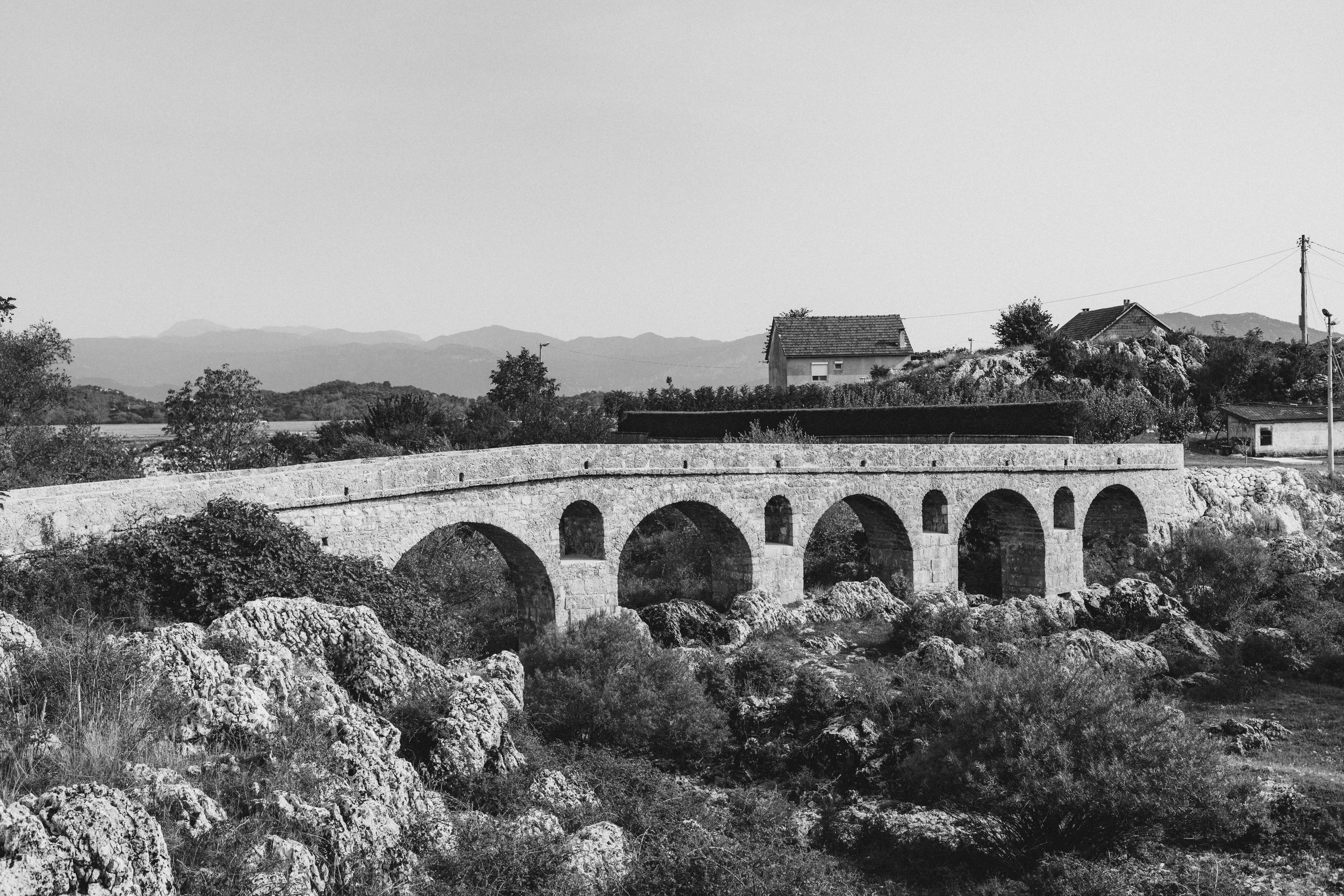 grayscale photo of bridge over river