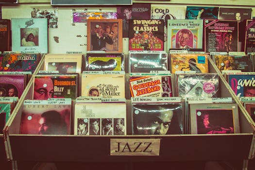 A collection of vintage jazz vinyl records displayed at a music store evoking nostalgia and retro charm.