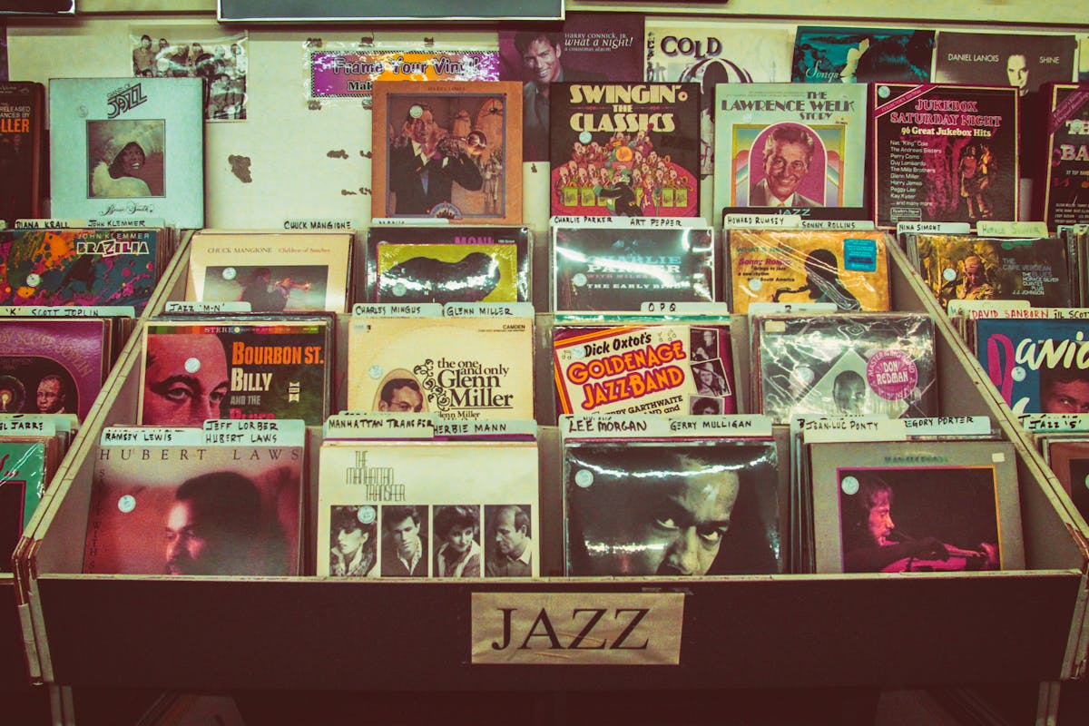 Vinyl records on a shelf in a record shop