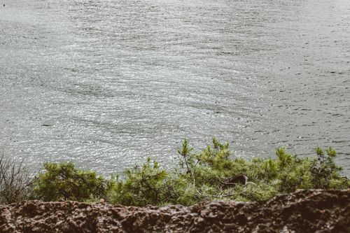 Free Tranquil lake and rocky shoreline with lush greenery, perfect for nature enthusiasts. Stock Photo