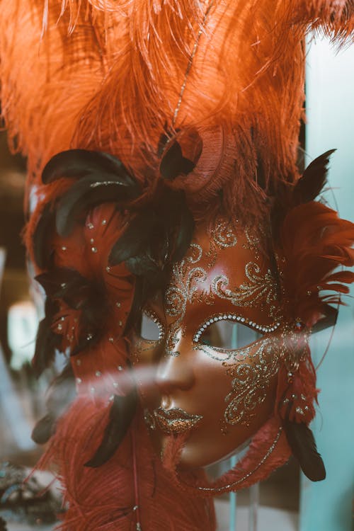 Free Venetian Mask with Orange Feathers Stock Photo