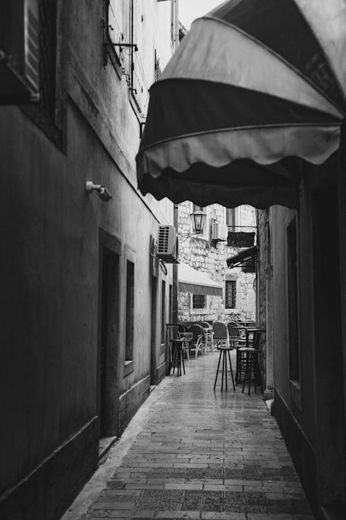 Monochrome Photo of Alley between Buildings 