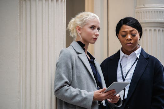 Two professional businesswomen discussing a project on a tablet outdoors.