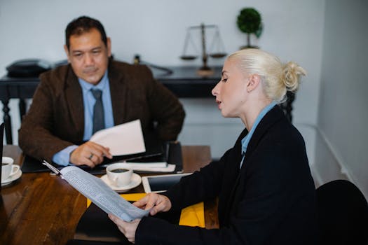 Two business professionals discussing documents during a meeting in an office setting.