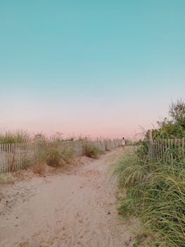 A peaceful sandy path through dunes leading to a vibrant sunset sky in Delaware.