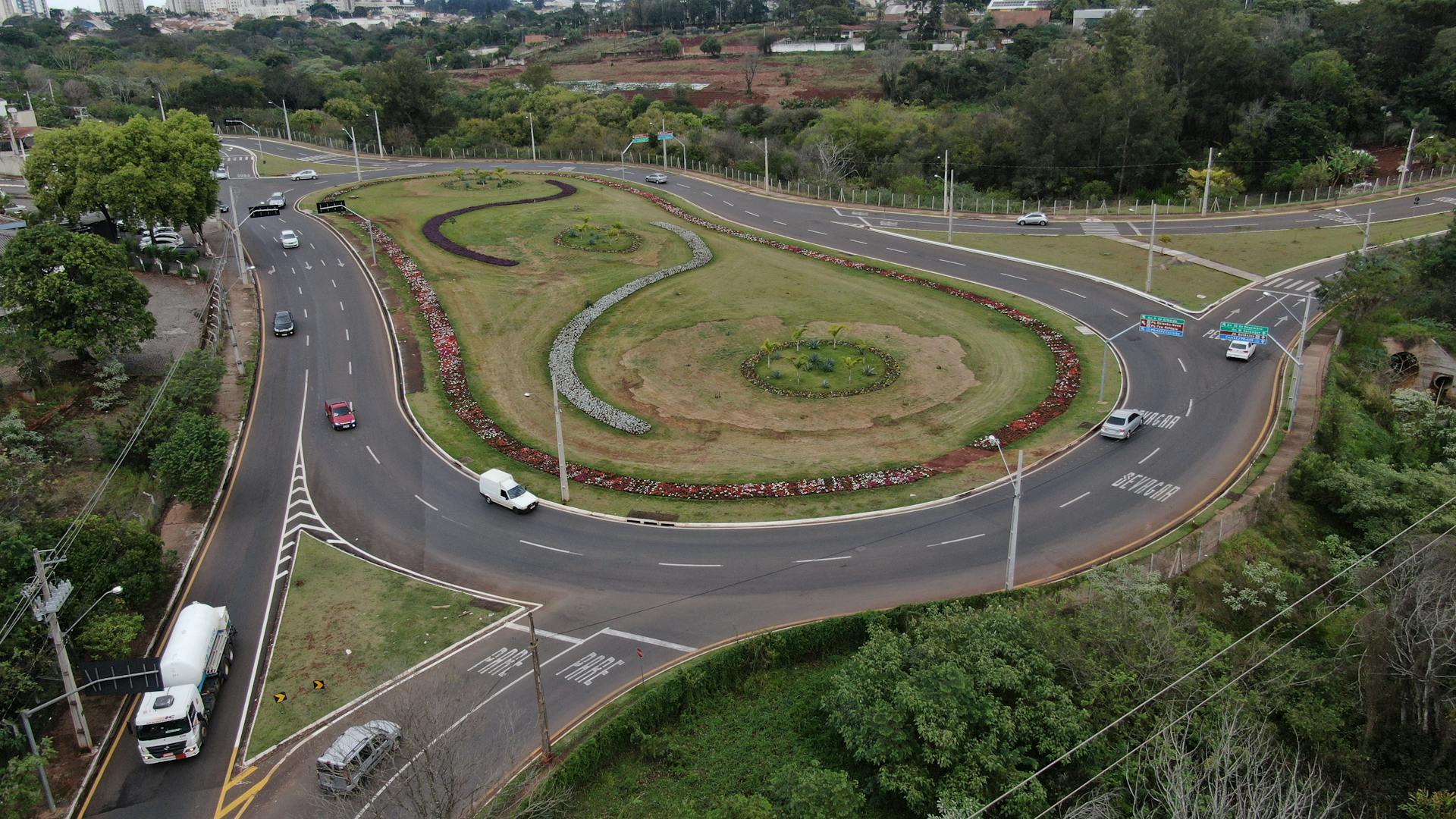 Aerial View of a Road Network with Roundabout