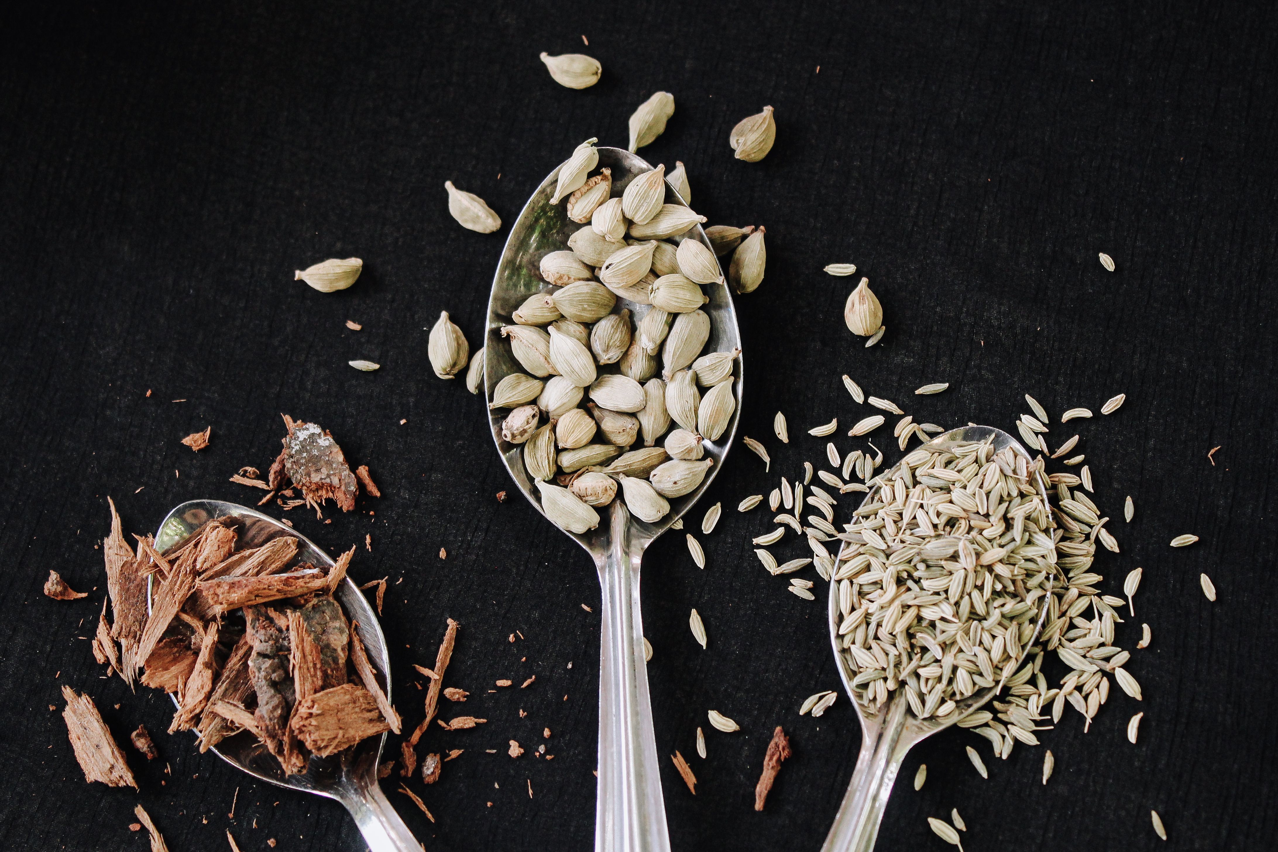 Three spoons displaying cardamom, cinnamon, and fennel seeds on a black background.