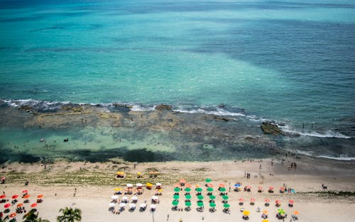 Green White and Orange Umbrellas near the Beach