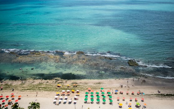 Discover the vibrant beachfront of Recife with colorful umbrellas and turquoise waters from above.