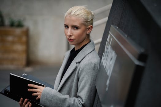 城市环境中，一位时尚自信的年轻职业女性拿着笔记本