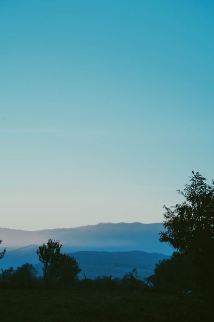 Peaceful view of mountains and trees under a clear twilight sky.