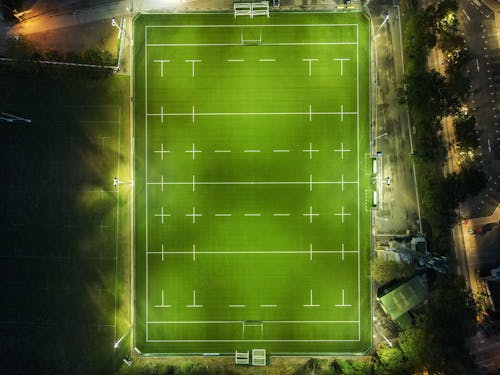 Well groomed rugby field at night