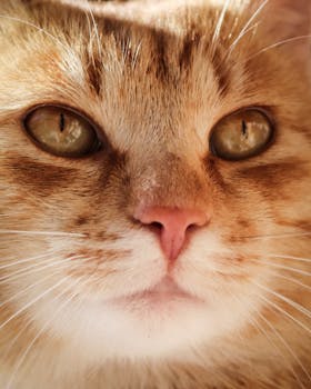 A detailed close-up of a ginger cat's face highlighting its expressive eyes and whiskers.