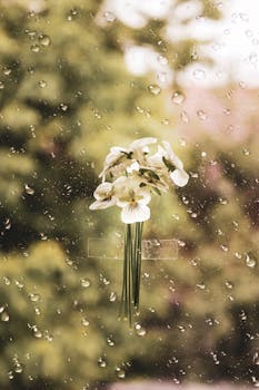 Beautiful white flowers behind a rain-covered window, evoking a serene mood.