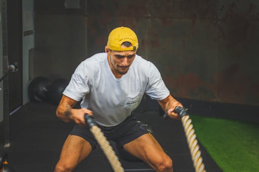 Man engaged in rigorous battle rope exercise in a gym, showcasing strength and concentration.