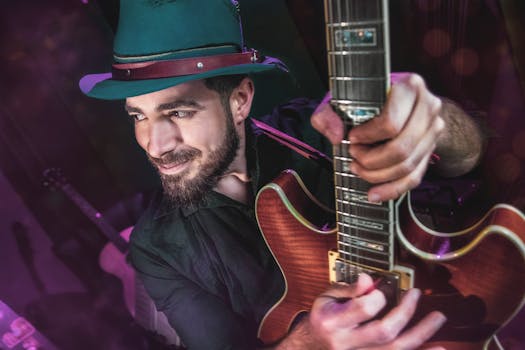 Bearded musician in a hat passionately playing an electric guitar on stage.