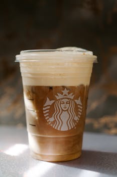 Close-up of a creamy iced coffee in a Starbucks cup. Ideal for refreshing beverage or cafe themes.