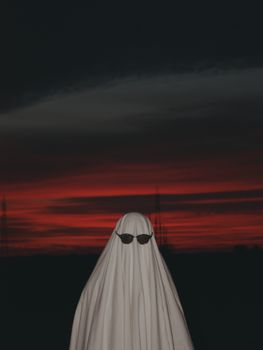 一个戴着太阳镜的神秘鬼魂，映衬在鲜艳的红色落日下