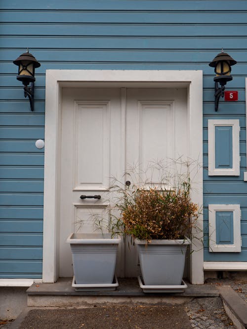 Kostenloses Stock Foto zu blaue wand, haus außen, holztür