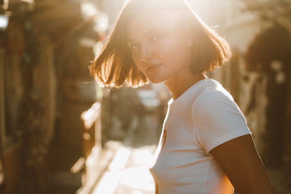 Woman in White Crew Neck T-shirt