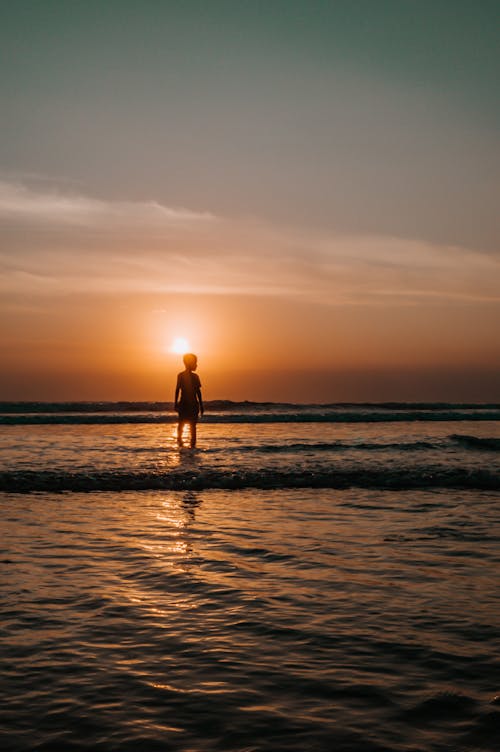 Free Silhouette of Person Standing on Seashore Stock Photo