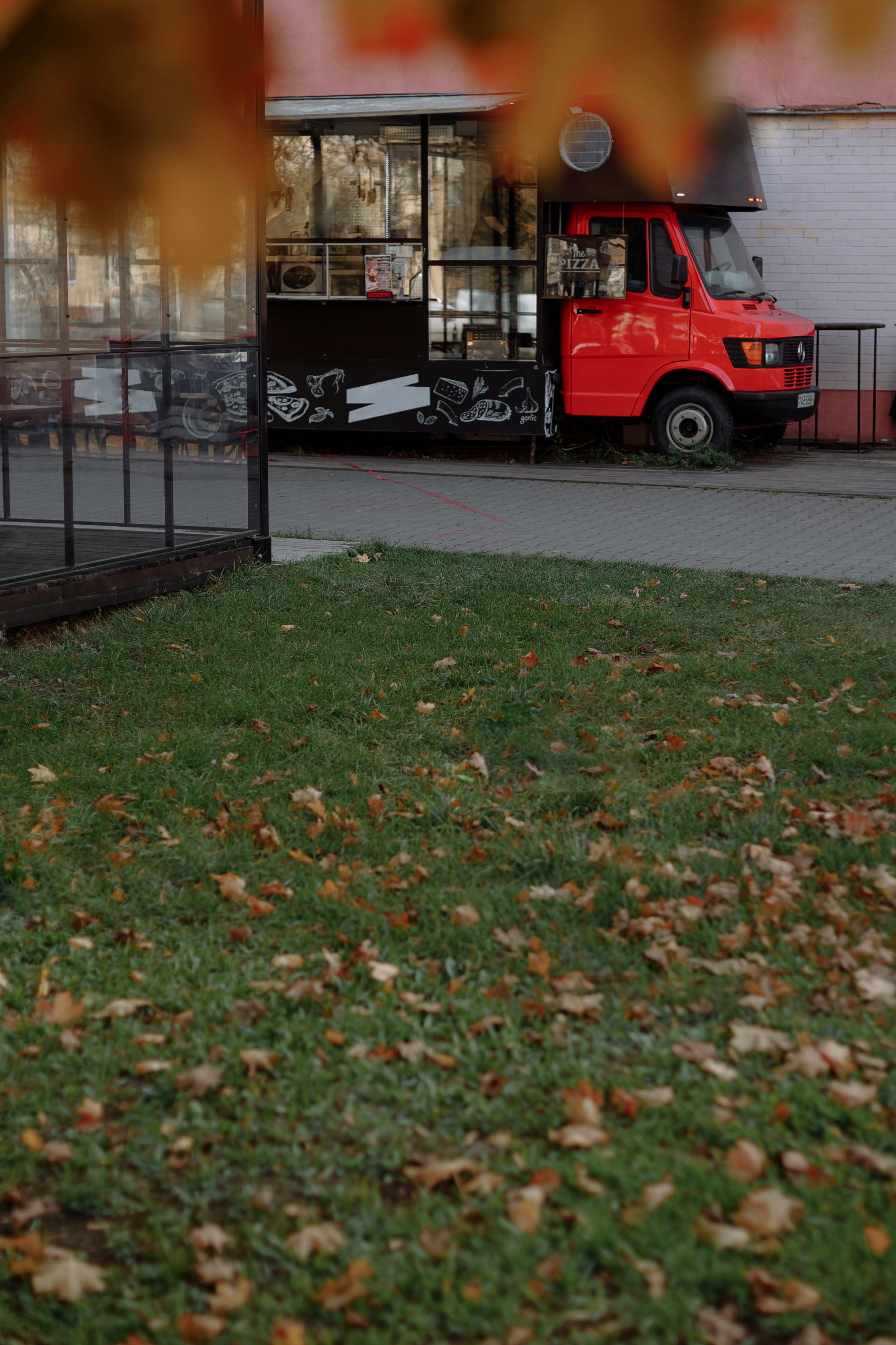 red and black truck on green grass field