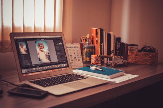 Free stock photo of apple, books, desk, laptop