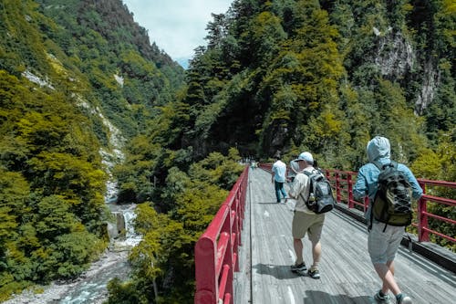 Man Walking on Gray and Red Bridge