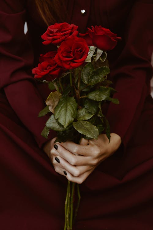 Free Crop unrecognizable female in elegant dress holding bunch of fresh fragrant red roses in hands Stock Photo