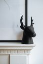 Statue of stag head on shelf in bright room