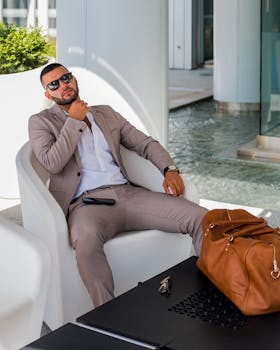 Well-dressed man lounging in a sleek contemporary space, exuding confidence and style.