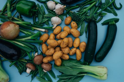 Top view of assorted fresh organic vegetables on a blue background for healthy eating insights.