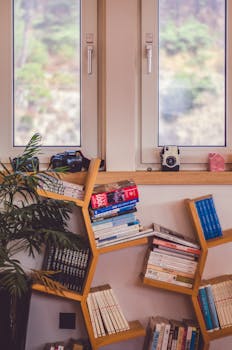 Stylish home corner featuring a geometric bookshelf with books and vintage cameras, adding a retro touch.