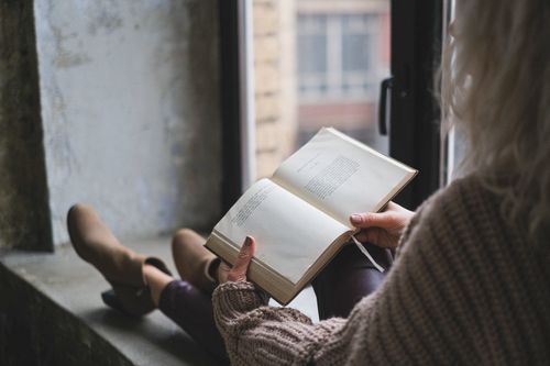 Free A woman enjoys reading by the window, capturing a cozy indoor moment. Stock Photo