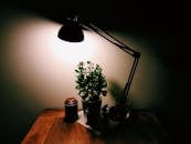 夜晚，办公桌上温馨迷人的场景，明亮的灯光和盆栽植物