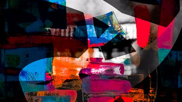 Dynamic abstract expressionism painting showcasing vibrant colors and textures.