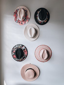 Collection of various stylish hats hanging on white wall near window in daytime