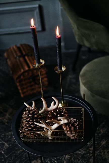 Interior of dark room decorated with furniture and trunk and long flaming candles by pinecones and tiny white horns in small metallic box