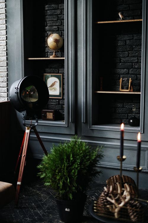 Free Interior of dark room with big closet decorated with flaming candles and pot plant in daytime Stock Photo