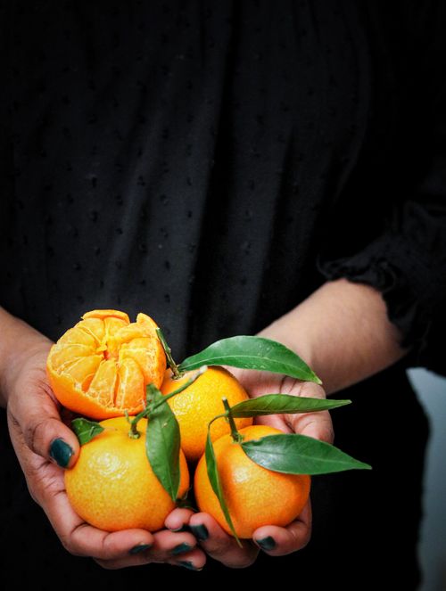 Free Close-up of a person holding fresh clementines with leaves, showcasing their vibrant color and texture. Stock Photo