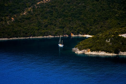 Tranquil coastal scene featuring a sailboat in a secluded cove surrounded by lush forested hills.