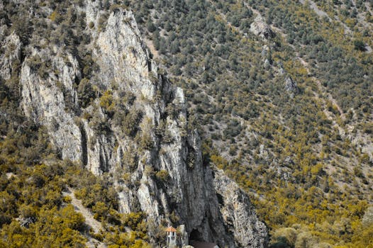 A dramatic view of a rocky mountain landscape with abundant trees and greenery.