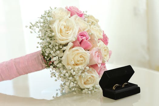 Beautiful wedding bouquet of roses and baby's breath with wedding rings in a box.