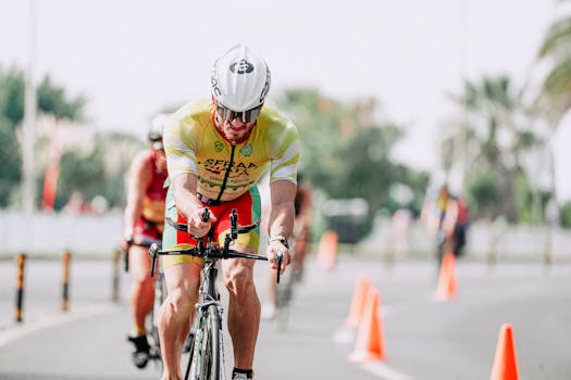 Focused cyclist competing in an urban triathlon race, showcasing endurance and determination.