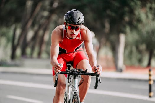 Young muscular man in helmet and sportswear cycling on asphalt road during competition