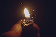 在黑暗背景下，一个打火机点燃了火花四溅的明亮火焰，特写镜头十分激烈