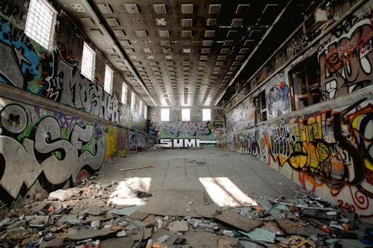 Abandoned indoor pool with vibrant graffiti and natural light illuminating urban decay.