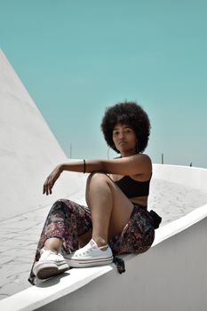 一位身着时尚服装、留着非洲发型的年轻非裔美国女性坐在栅栏上，看着镜头