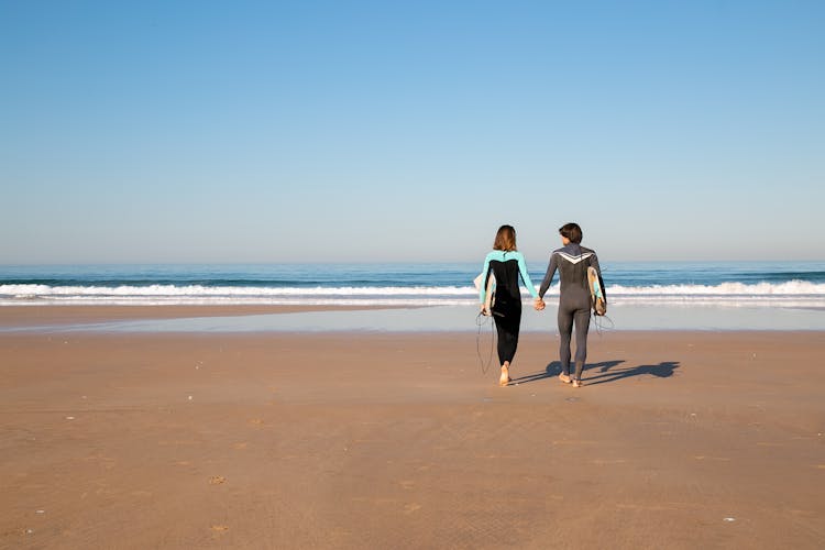 Couple In Full Body Swimwear Walking On Shore